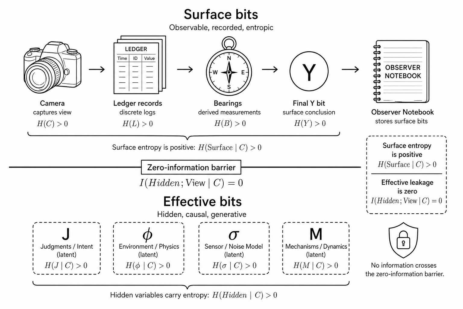 Surface bits an observer can record versus effective mutual information about the secret